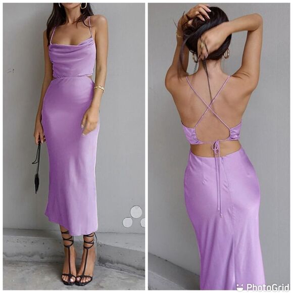 Lyaner Sexy Cutout Backless Cowl Neck Cocktail Party  backless lace up dress - Picture 1 of 12